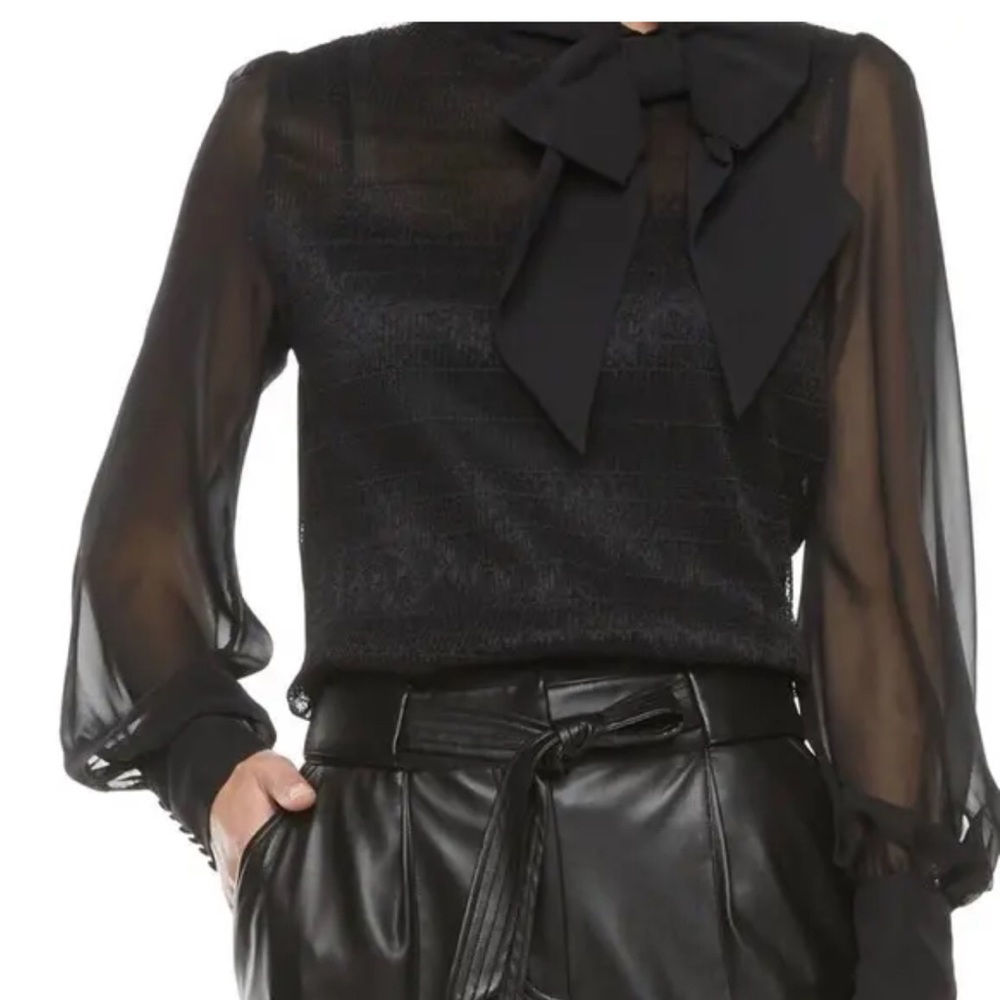 NWT Ryegrass Womens Top Black High Neck Long Sleeve Blouse Semi Sheer Bow SZ XXL